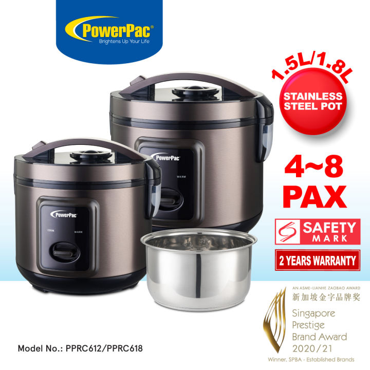 PowerPac Rice Cooker 1.5L 1.8L with Steamer Stainless Steel Inner Pot PPRC612 PPRC618 Lazada Singapore