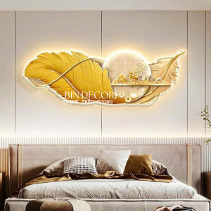 (ẢNH CHỤP) Tranh treo tường đèn led lông vũ vàng 11 uv trang trí decor kèm đinh
