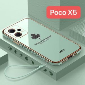 Case Xiaomi Redmi Note 12 4G Poco X5 5G Redmi Note 12 5G Motif Maple Daun Plating List Gold Silikon Free Tali lanyard Soft Casing Handphone