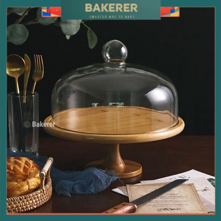 INS Big 26cm Premium quality Wooden Wood Cake Stand Glass Dome Cover 2in1  Wedding gift party dessert stand森系木质蛋糕台 Lazada