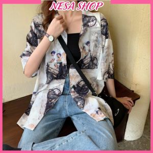 Áo sơ mi nữ tay lỡ freesize dáng ulzzang mặc cặp nhóm chất liệu Đũi trơn mềm mát áo form rộng in 3D- IN HÌNH XE ĐẠP NeSa Shop