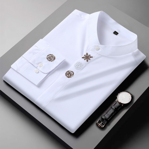 60-175KG Men Oversized Loose Mandarin Collar Long Sleeve Embroidery Tops Man Plus Size Fashion Casual White Black Shirts