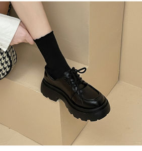 Free Shipping Spring And Autumn WomenS Small Leather Shoes 2026 New Versatile Loafers Black Lace-Up Student Thick-Soled Single Shoes