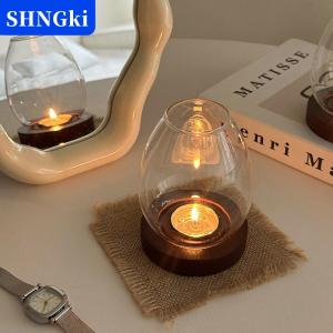 SHNGki Thủy tinh chân nến với cup bìa trong suốt vòng nến chủ sở hữu trang trí nội thất với gỗ cơ sở Bảng trang trí đồ trang trí đám cưới