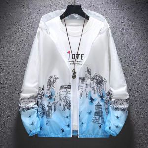 Mens Outerwear Outdoor Breathable Printed Hooded Jacket Ice Silk Sunscreen Clothing for Men