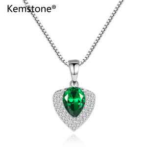 Kemstone 925 Silver Green Blue Red Crystal Water Drop Pendant Necklace Female Jewelry Gift for Women