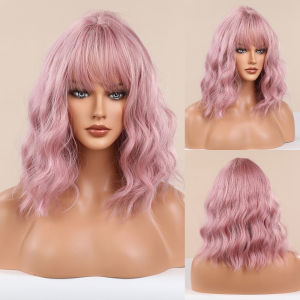 Cross-border European and American style best-selling bangs cos Wig in cherry pink with short curly hair Bob Natural-looking womens synthetic fiber full wig