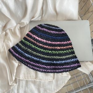 HULEQQI Summer Beach Straw Cap Womens Handmade Bucket Hat Fashion Striped Rainbow Sun hat Outdoor