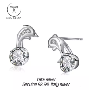 TATA Silver 92.5 Genuine Italy Silver Elegant Studded Dolphin Stud Earrings For Women Er - 164