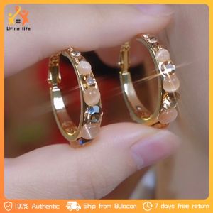 Retro Pink Rhinestone Circle Earrings Light Luxury Earrings Pink Diamond-Studded Circle Earrings Female Earrings