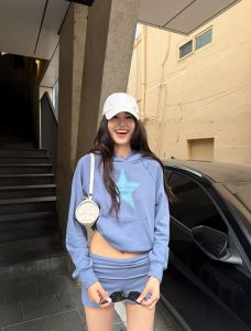 Women Vintage American Letter Star Print Cropped Hoodie 2026 Early Fall Long Sleeve Casual Sweatshirt