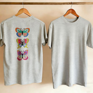 [Local Stock] HBESTY  Colorful Butterflies Floral Stacked Design Crew Neck Short Sleeve Beach Style Pink Tunic Blouse Vacation High Quality Cotton Top