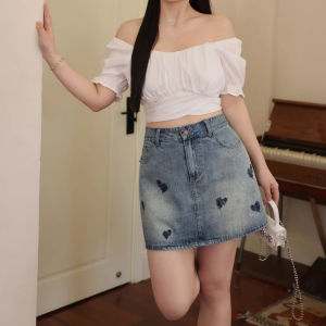 JIAQI 🌟กระโปรงยีนส์🌟 เอวสูงกระโปรงยีนส์สั้นเองสูง ปักหัวใจ กระโปรงสาวอวบ ทรงสวย ขนาด S-5XL[น้ำเงินมหาสมุทร]