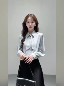 AMMIN French Style Simple Lapel Fashion Beaded Ribbon Design Long Sleeve Shirt for Women 2025 Autumn New Single-Breasted Design Professional Wear Commuting Elegant Blouse