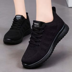 Best Sellers Women Korean Fashion Laces Running Sneakers Jogging Shoes Lightweight Breathable Mesh Flat Casual Black Rubber Shoes For Women
