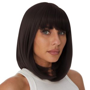 Onpep Bob Wig with Bangs Brown Highlight Short Straight Natural Looking Wigs for Women Shoulder Length Heat Resistant Synthetic Blonde Wigs