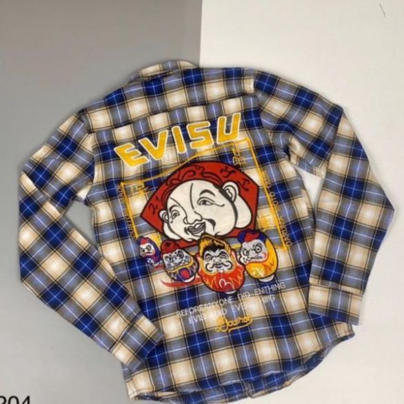 Áo sơ mi EVISU vải nỉ sọc caro hoạ tiết nhật dài tay thời trang mẫu mới ...