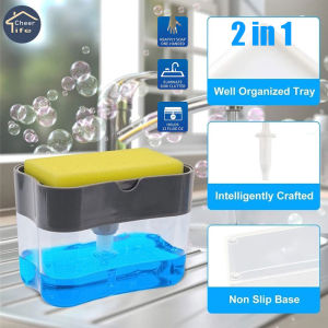 Cheer Life 1PC 2-in-1 13 Ounces Sponge Rack Soap Dispenser Detergent Dispenser Manual Press Soap Pump Portable Foam Liquid Dispenser sponge wipe drain stand box home bathroom cleaning accessories