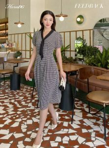 [Voucher 15% MOV 199K cap 100K Đầm chiffon họa tiết houndstooth HeraDG thiết kế cổ nơ cùng tone nổi bật sang trọng phù hợp đi làm đi chơi SDPBC3117