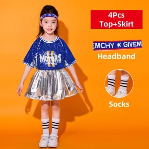 LOlanta Kids Cheerleading Dance Performance pakaian surat Sequined kemeja t berkilat kulit palsu seluar pendek skirt Jazz Hip-hop destar tarian pertandingan kostum