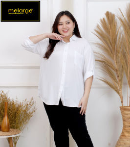 MELARGE Kemeja Polos Wanita Katun Rayon Putih Hitam Big Size Ukuran XXXL 3XL 3L XXXXL 4XL 4L Atasan Kemeja Kerja Jumbo