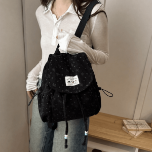 EGRT Lightweight Bow Print Corduroy Backpack Casual Large Capacity Bookbag Stylish Versatile Drawstring Daypack Women