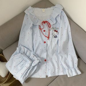 Cozy Big Size Pajama Set for Women Ruffle Long Sleeve Top with Bow and Pants Cute Loungewear LoosePijama Hello Kitty Mujer 5XL
