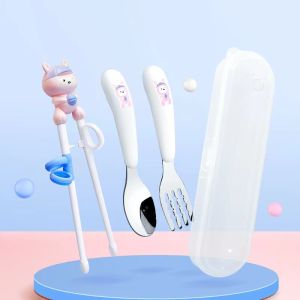 Baby Learn To Eat Cartoon Fork Spoon Chopsticks Suit Children Eat 304 Stainless Steel Tableware Chopsticks Spoons