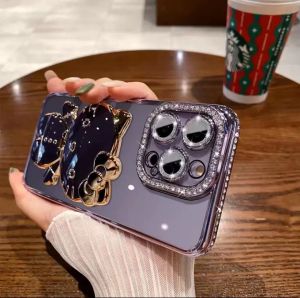 Kisscase gương trang điểm giá đỡ cho iPhone 14Promax Trường hợp với tấm dán bảo vệ ống kính dễ thương mèo mạ điện Rhinestone gliiter bột đèn flash bảo vệ trường hợp cho Apple 13 12 11 XR XS Max x chủ Ốp lưng đứng