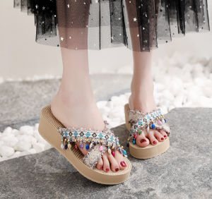 [Free Shipping] Ins-Style Floral Flip-Flops Fashionable Thick-Soled Outdoor Sandals WomenS Summer New Collection Perfect For Outings The Beach And Sandy Shores
