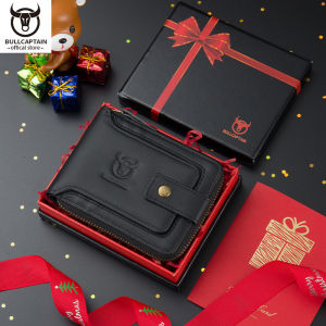 BULLCAPTAIN Leather Mens Wallet Premium Edition Ribbon Gift Box Set Multifunctional Trifold Zipper Multi-Card Slot RFID Anti-theft Credit Card Purse