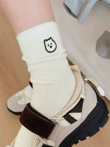 White embroidered socks womens tube socks ins trendy pure cotton thin style Japanese cute cartoon