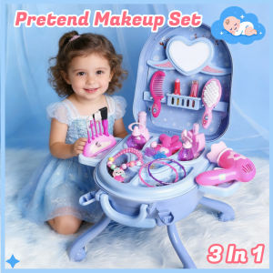 3-in-1 Pretend Makeup Set Girls Vanity in Luggage Case Portable Cosmetics Toy for Kids