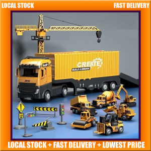Alloy Construction Truck with Crane Tower + Backhoe Loader + Forklift + Cement Mixer + Drum Rollers + Excavator + Signs