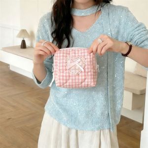 COOLCELLS Chần bông Túi đựng mỹ phẩm cầm tay Nơ trái tim ren Kẻ sọc Gingham Ví đựng tiền xu có khóa kéo Nữ tính Ngọt ngào Túi đựng đồ vệ sinh cá nhân du lịch Du lịch