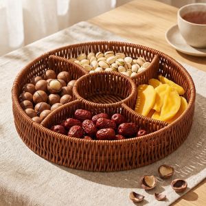 QINJUE Imitation Rattan Serving Tray Multi Compartment Round Shape Dry Fruit Plate Food Holder Sturdy Frame Storage Basket Home Living Room