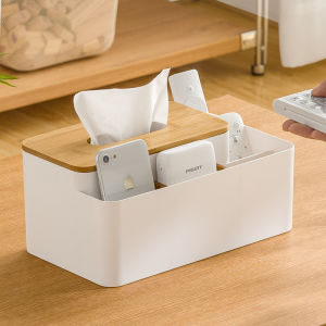 Multifunctional Bamboo Tissue Box Organizer Wood Storage Holder with Multiple Compartments Desktop Organiser