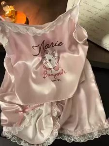 【Ship in 24H】夏季薄款吊带短裤睡衣女带胸垫冰丝印花可爱KT猫家居服两件套Summer thin camisole shorts pajamas for women with chest cushion ice20250609