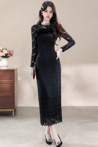 แฟชั่นแขนยาวลูกไม้ชุดผู้หญิงอารมณ์ใหม่กระโปรงยาวยืนขึ้นปกลูกปัดเอวสะโพกลูกไม้แขนยาวชุด