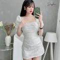 Váy gấm cổ vuông tay bồng hàng thiết kế - Anna.Store. 