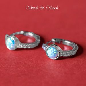 [Studs & Such] 925 Silver Crested Opal Stone Huggie Hoop Earrings With Cubic Zirconia