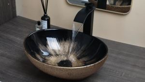 LDIES Torayvino Art Oval Ceramic Bathroom Basin Above Counter Vessel Vainty with Black Waterfall Mixer Faucet Pop-up Drain Combo Kit 8Z1B6