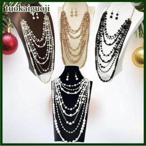 tuokaiguoji Thanh Lịch Multilayer Simulated Ngọc Trai Vòng Cổ Và Bông Tai Set Cho Phụ Nữ Dài Vòng Cổ Thời Trang Đồ Trang Sức