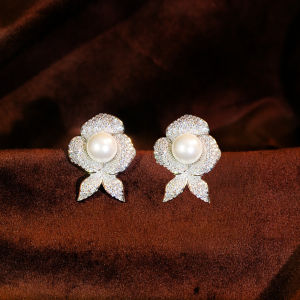 Sequito Thời Trang Phụ nữ trang sức Tai Micro Pave nhỏ sáng bóng aaaaa Zirconia hoa ngọc trai mạ bạc khuyên nụ tiệc cưới Phụ Kiện Váy se1050