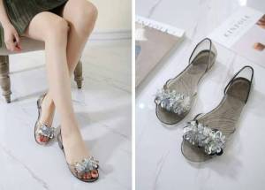 geyunya Brand Fashion Roman Bohemian Style Beach Flat Shoes Crystal Model Inlay Jelly Sandals For Women(35-40 size)