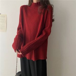 IELGY Lazy style semi high neck loose thin knit sweater top for women