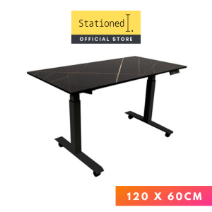 Stationed Electric Standing Desk | Marble Design | 5 Year Warranty | Onyx Black | CABLE MANAGEMENT TRAY & CASTOR WHEELS | Height Adjustable 60-125cm