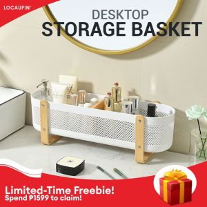 Elegant Multifunctional Desktop Storage Basket with Wooden Stand and Mesh Organizer - White