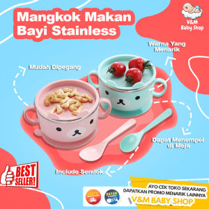 V&M Baby Shop 031 | Mangkok Bayi Stainless Anti Tumpah Dengan Sendok dan Tutup / Perlengkapan Makan Bayi