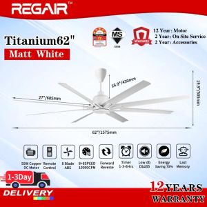 REGAIR Titanium DC Motor Ceiling Fan with Light 62/72" 8Blade 16Speed 11000CFM Remote Control Big Fan 12 Years Warranty